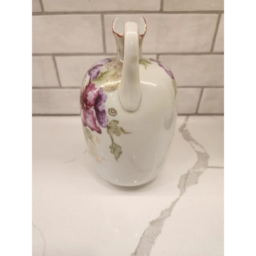Vintage Hand Painted‎ Ceramic Pink Purple Floral Jug Ewer Gold Details Japan